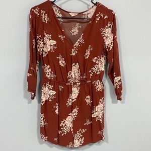 Rust Romper with pink blossoms